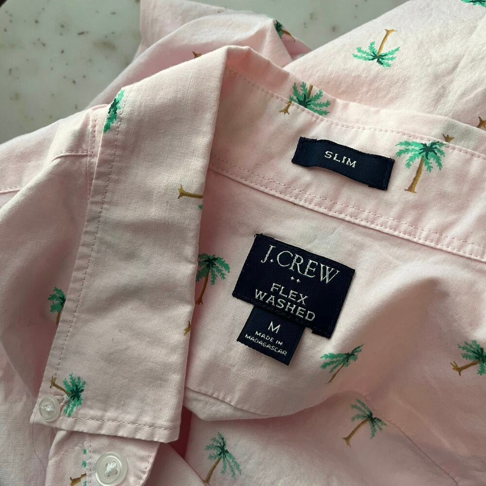 J. Crew Men’s Flex Wash Slim Collared Button Down Shirt Medium Pink Palm Tree - Picture 4 of 6